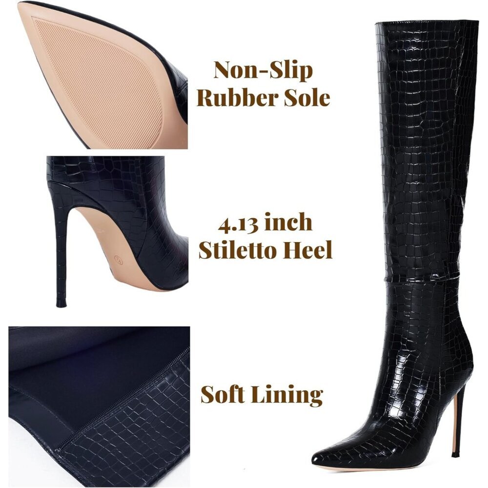 Women's Black Leather Suede Knee High Stiletto Tall Pointed Toe Stylish Boot - Picture 4 of 6